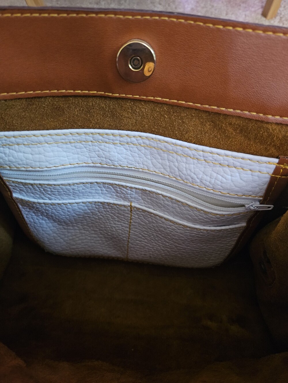 M. C. Pebbled Two-Tone Leather Bag in White and Brown - Picture 13 of 15